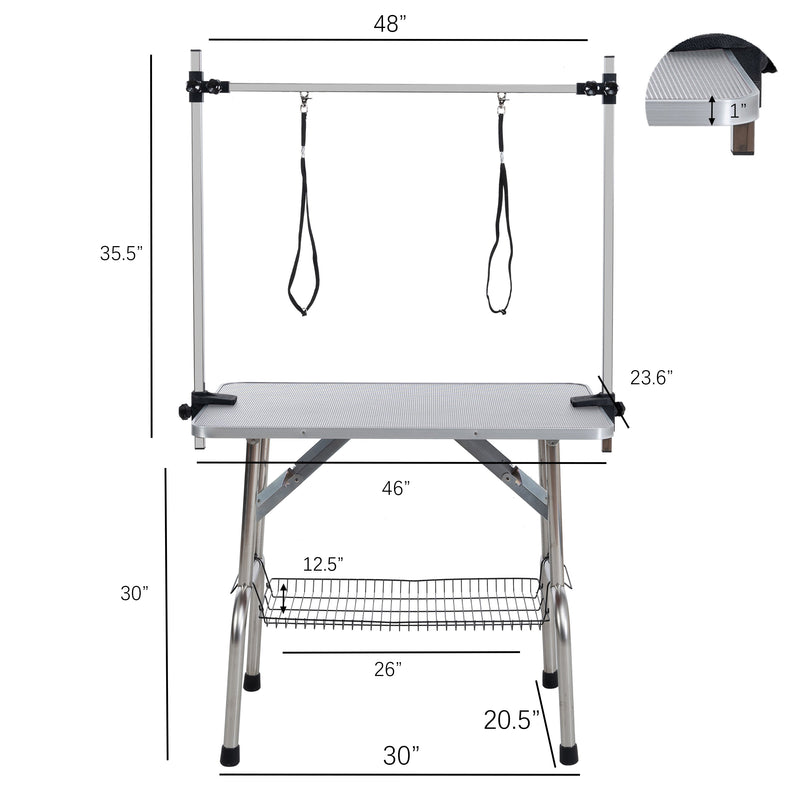 46' Folding Dog Pet Grooming Table Stainless Steel Frame Rubber Mat on Board with Adjustable Arm and Clamps pet dog Cat Grooming Table (SILVER-GRAY COLOR)