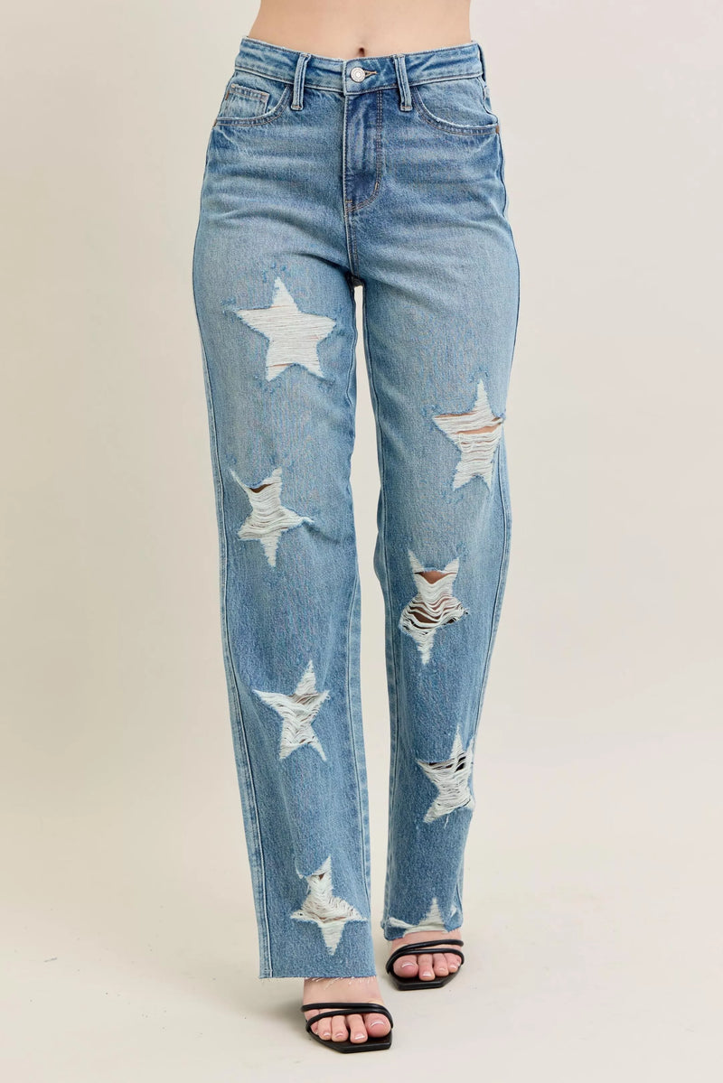 Judy Blue Full Size High Waist  Rigid Magic Star Shaped Destroy 90's Straight Jeans Plus Size