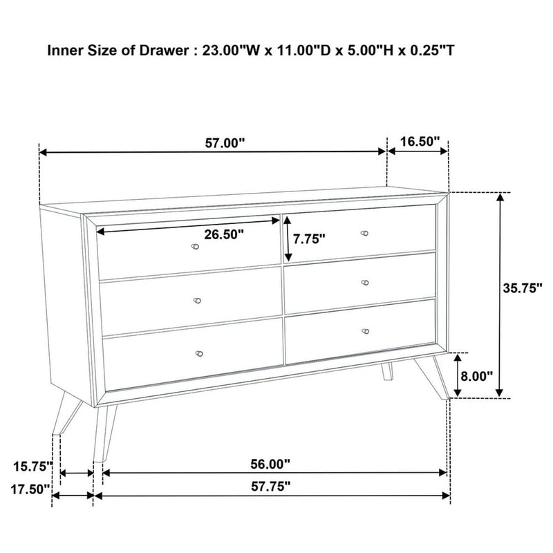 1 Piece Dresser With Angled Legs, Wave Texture And Round Knobs - White