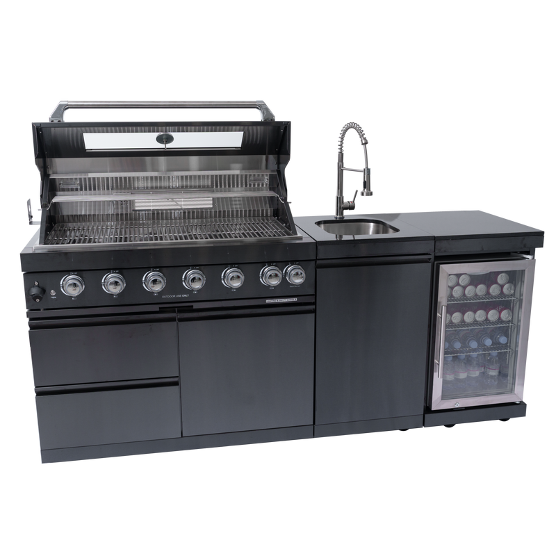 NG 85" 6-Burner 85,000 BTU Black Outdoor Kitchen Island Grill Refrigerator + Rotisserie Kit + Sink
