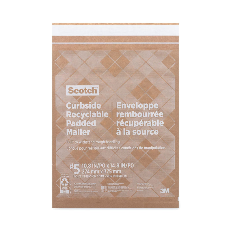 Scotch Curbside Recyclable Padded Mailer, #5, Bubble Cushion, Self-Adhesive Closure, 12 x 17.25, Natural Kraft, 100/Carton
