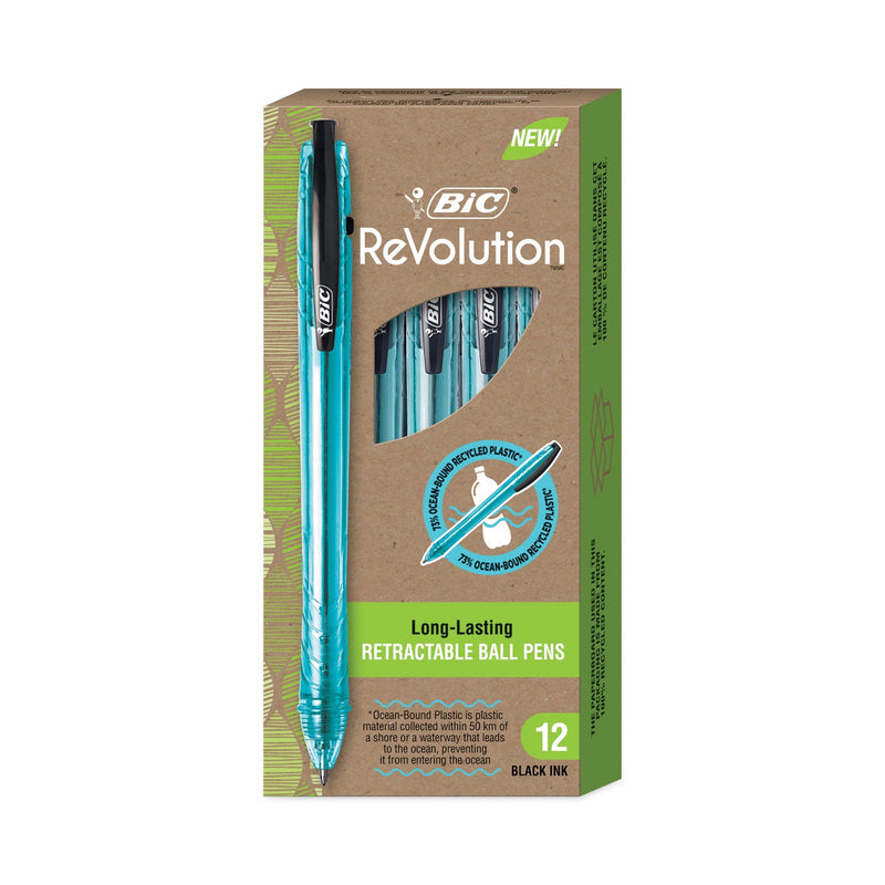 BIC ReVolution Ocean Bound Ballpoint Pen, Retractable, Medium 1 mm, Black Ink/Translucent Blue Barrel, Dozen