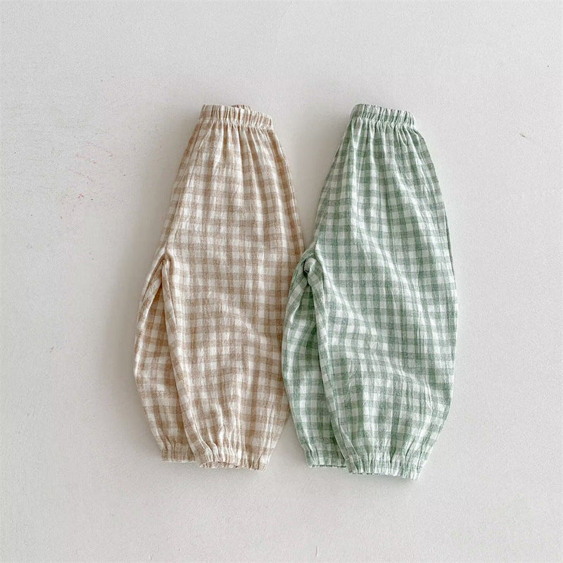 Ins Summer Children's Plaid Trousers Thin Linen Style