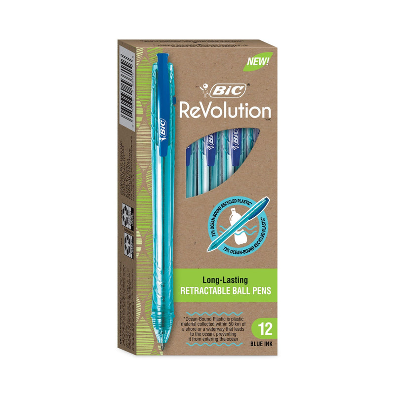 BIC ReVolution Ocean Bound Ballpoint Pen, Retractable, Medium 1 mm, Blue Ink/Translucent Blue Barrel, Dozen