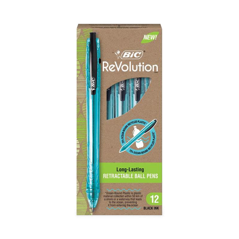 BIC ReVolution Ocean Bound Ballpoint Pen, Retractable, Medium 1 mm, Black Ink/Translucent Blue Barrel, Dozen