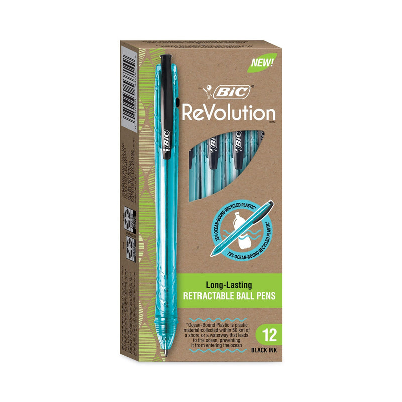 BIC ReVolution Ocean Bound Ballpoint Pen, Retractable, Medium 1 mm, Black Ink/Translucent Blue Barrel, Dozen