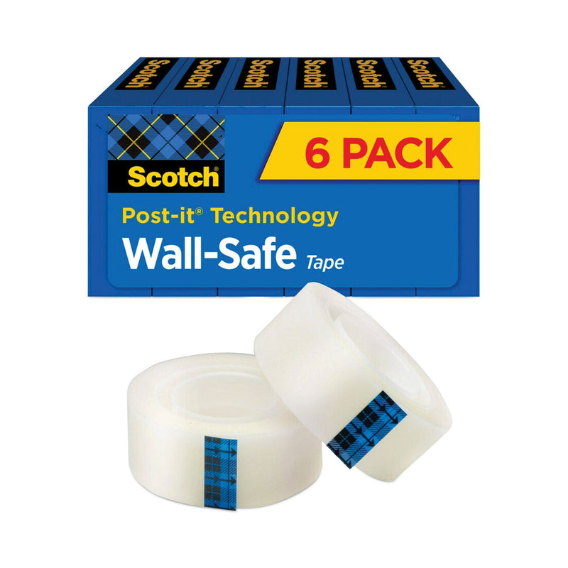 Scotch Wall-Safe Tape, 1" Core, 0.75" x 66.66 ft, Clear, 6/Pack