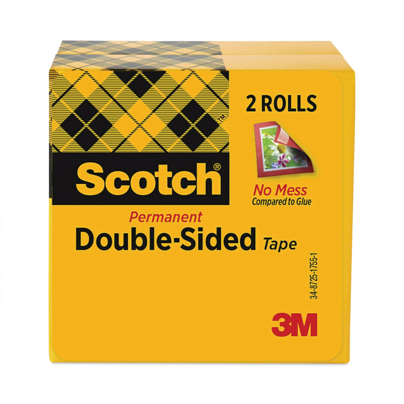 Scotch Double-Sided Tape, 1" Core, 0.5" x 75 ft, Clear, 2/Pack