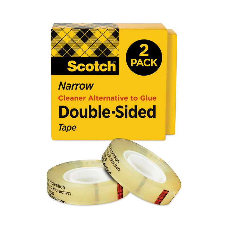 Scotch Double-Sided Tape, 1" Core, 0.5" x 75 ft, Clear, 2/Pack