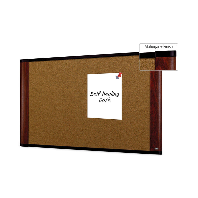 3M Cork Bulletin Board, 36 x 24, Aluminum Frame w/Mahogany Wood Grained Finish