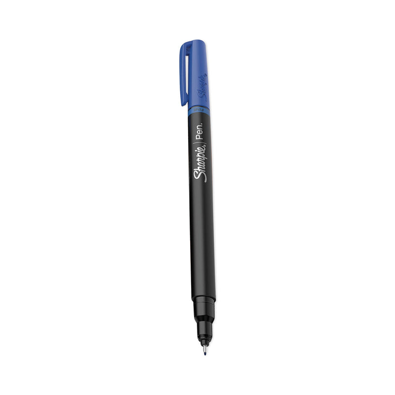 Sharpie Water-Resistant Ink Porous Point Pen, Stick, Fine 0.4 mm, Blue Ink, Black/Gray/Blue Barrel, Dozen
