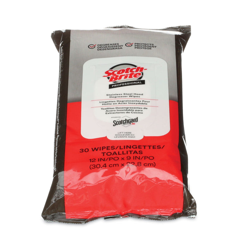 Scotch-Brite Stainless Steel Hood Degreaser Wipes, 9 x 12, Unscented, 30 Wipes/Pack, 6 Packs/Carton