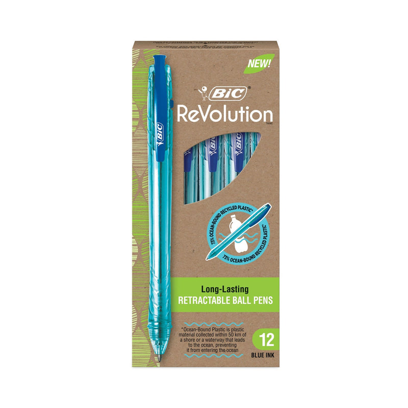 BIC ReVolution Ocean Bound Ballpoint Pen, Retractable, Medium 1 mm, Blue Ink/Translucent Blue Barrel, Dozen