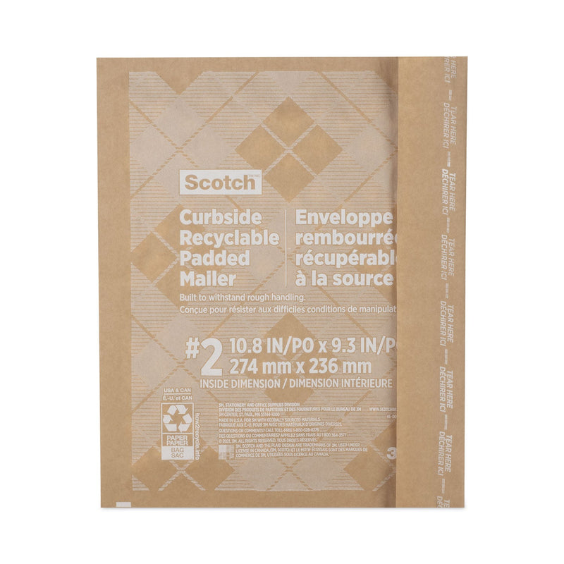 Scotch Curbside Recyclable Padded Mailer, #2, Bubble Cushion, Self-Adhesive Closure, 11.25 x 12, Natural Kraft, 100/Carton