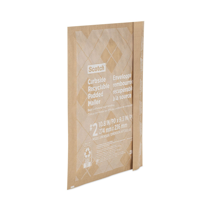 Scotch Curbside Recyclable Padded Mailer, #2, Bubble Cushion, Self-Adhesive Closure, 11.25 x 12, Natural Kraft, 100/Carton