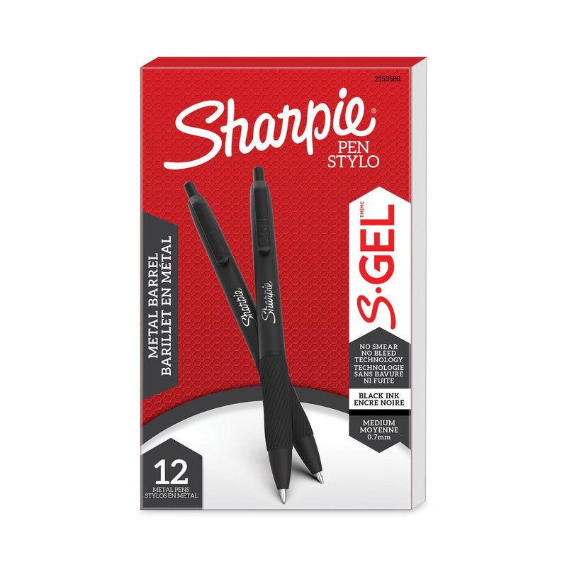 Sharpie S-Gel Premium Metal Barrel Gel Pen, Retractable, Medium 0.7 mm, Black Ink, Black Barrel, Dozen