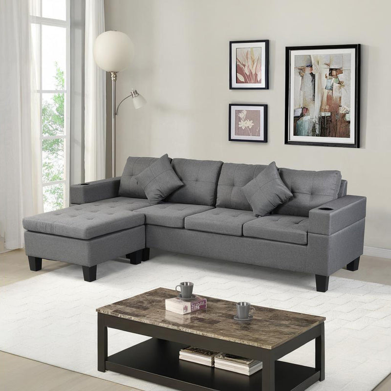 Modern Sectional Sofa Set with L Shape Chaise Lounge and Cup Holders