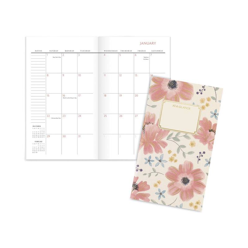 AT-A-GLANCE Badge Floral Two-Year Monthly Planner, Badge Floral Artwork, 6 x 3.5, Blue/Green Cover, 24-Month (Jan to Dec): 2023 to 2024