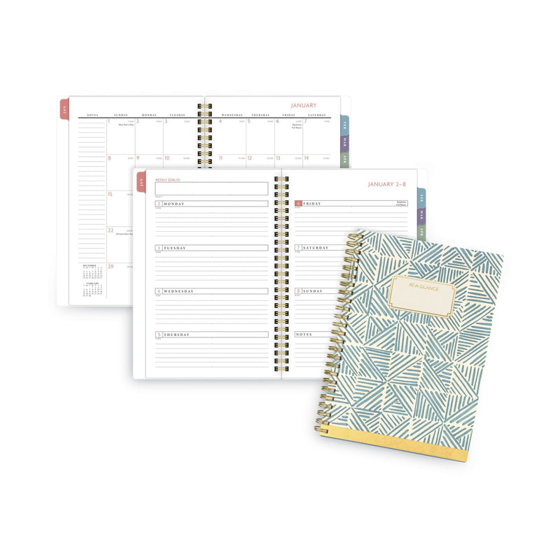 AT-A-GLANCE Badge Hand Drawn Geo Weekly/Monthly Planner, Badge Geo Artwork, 8.5x5.5, Blue/White Cover, 13-Month(Jan to Jan): 2023 to 2024