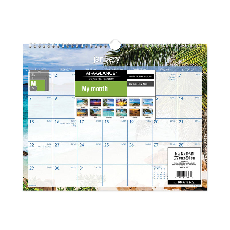 AT-A-GLANCE Tropical Escape Wall Calendar, Tropical Escape Photography, 15 x 12, Pale Blue/Multicolor Sheets, 12-Month (Jan to Dec): 2023