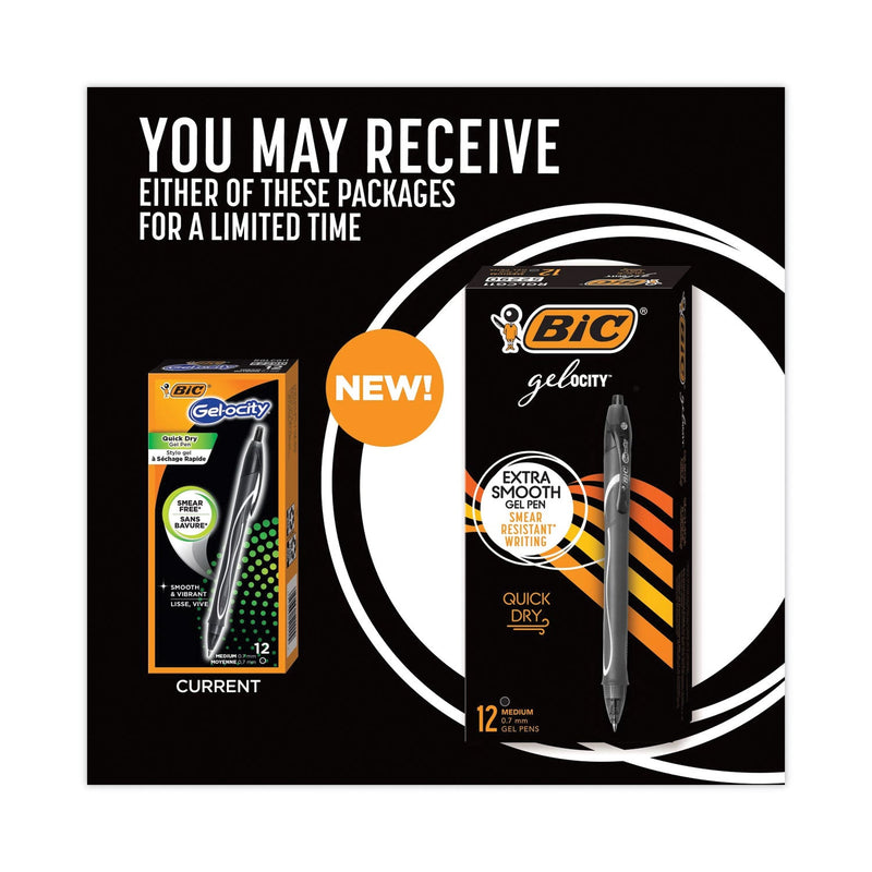 BIC Gel-ocity Quick Dry Gel Pen, Retractable, Medium 0.7 mm, Black Ink, Black Barrel, Dozen