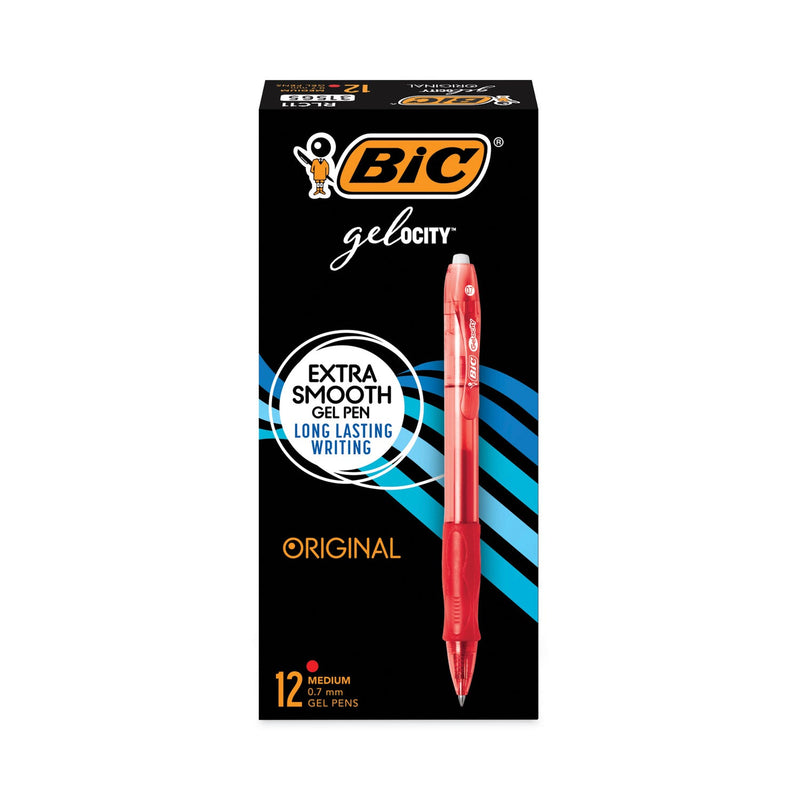 BIC Gel-ocity Gel Pen, Retractable, Medium 0.7 mm, Red Ink, Translucent Red Barrel, Dozen
