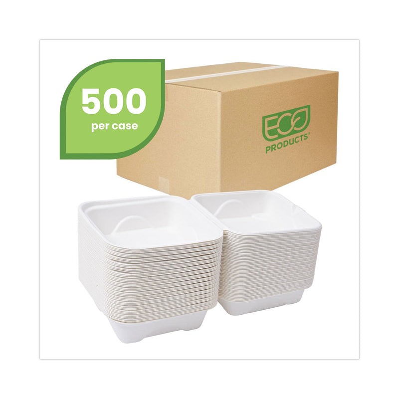 Eco-Products Renewable and Compostable Sugarcane Clamshells, 6 x 6 x 3, White, 50/Pack, 10 Packs/Carton