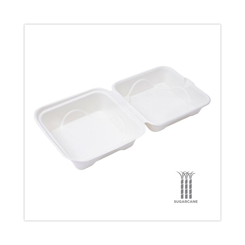 Eco-Products Renewable and Compostable Sugarcane Clamshells, 6 x 6 x 3, White, 50/Pack, 10 Packs/Carton