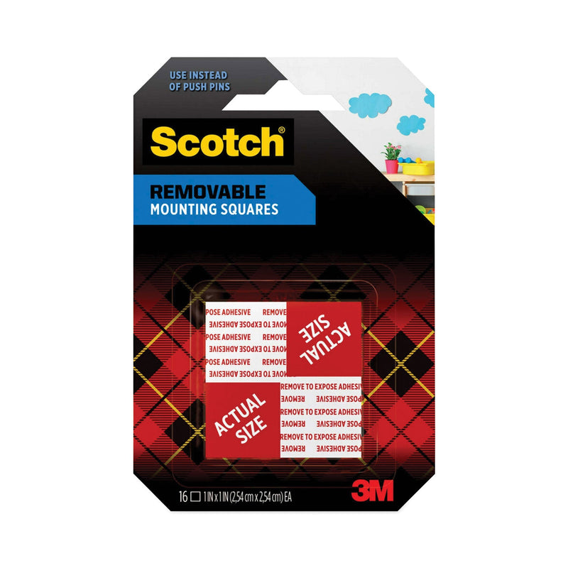 Scotch Precut Foam Mounting Squares, Removable, Double-Sided, Holds Up to 0.33 lb (2 Squares), 1 x 1, White, 16/Pack