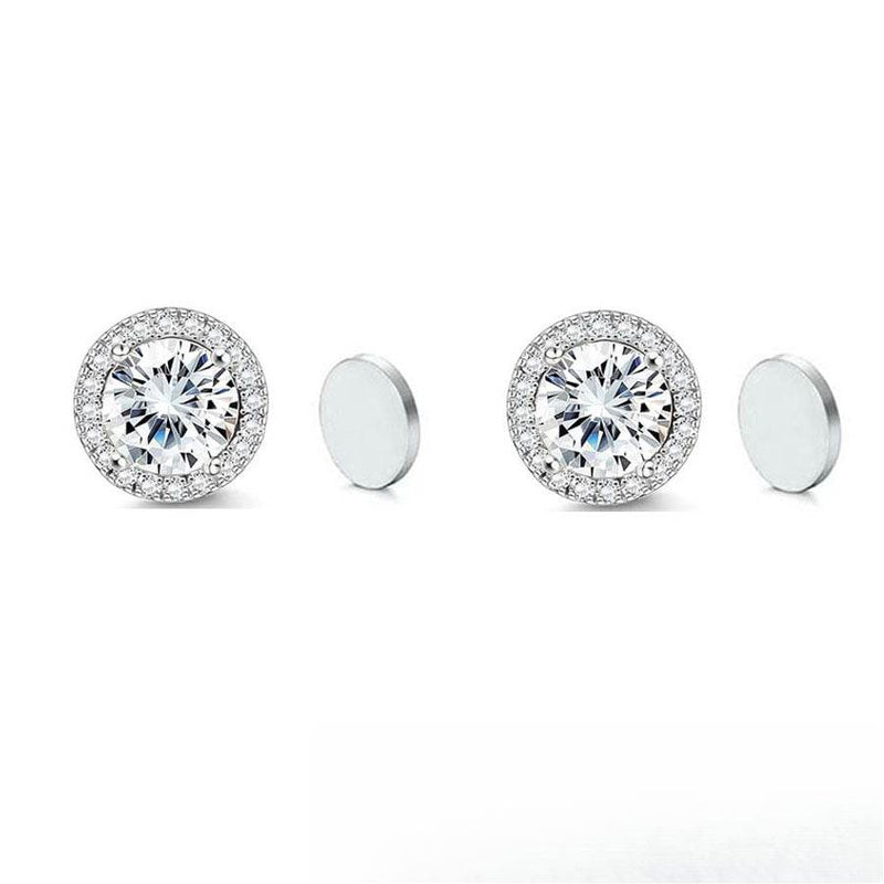 Stainless Steel Magnetic CZ Round Halo Stud Earrings for Men Women, Round Cubic Zirconia Inlaid Magnetic Earrings Non-Piercing Clip On Stud Earring