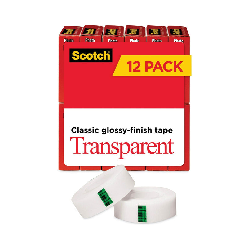 Scotch Transparent Tape, 1" Core, 0.75" x 83.33 ft, Transparent, 12/Pack