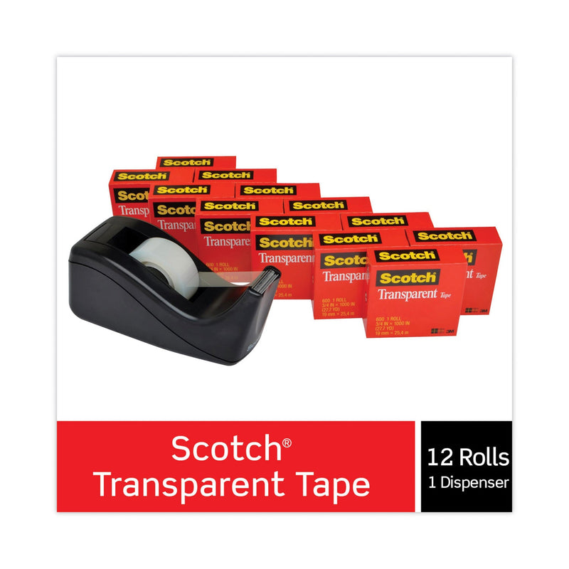 Scotch Transparent Tape Value Pack with Black Dispenser, 1" Core, 0.75" x 83.33 ft, Transparent