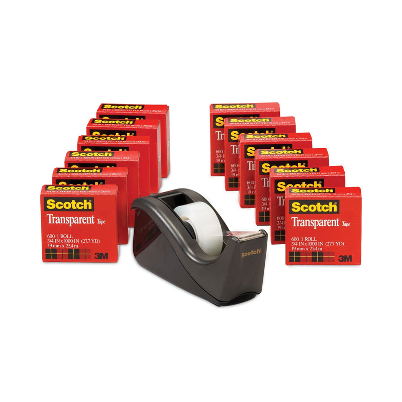 Scotch Transparent Tape Value Pack with Black Dispenser, 1" Core, 0.75" x 83.33 ft, Transparent