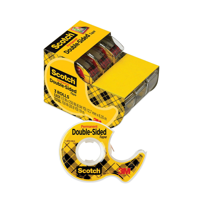 Scotch Double-Sided Permanent Tape in Handheld Dispenser, 1" Core, 0.5" x 20.83 ft, Clear, 3/Pack