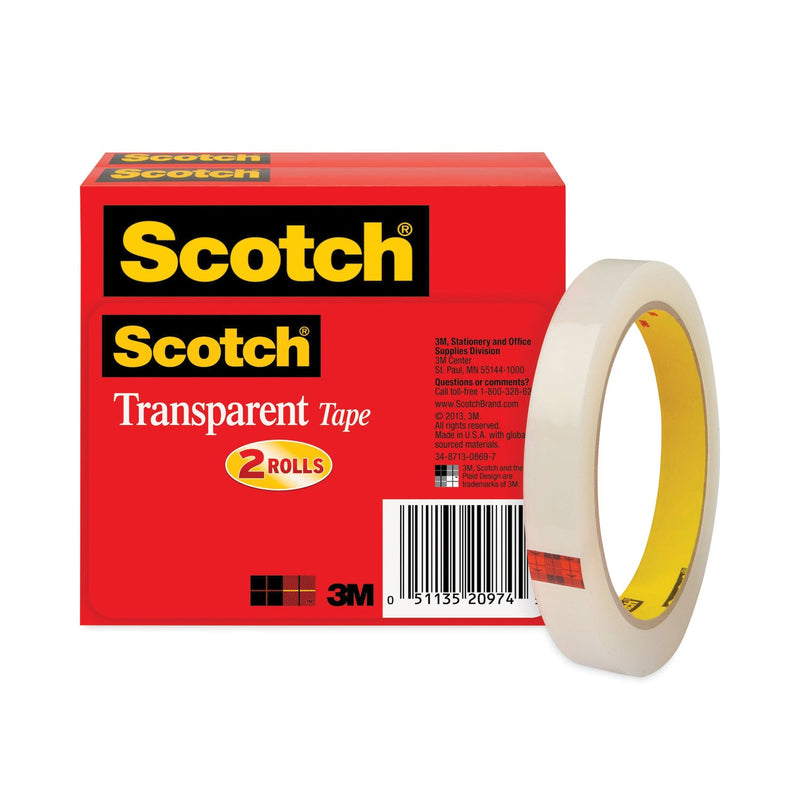 Scotch Transparent Tape, 3" Core, 0.5" x 72 yds, Transparent, 2/Pack