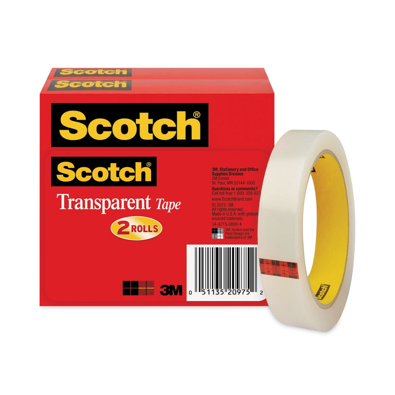 Scotch Transparent Tape, 3" Core, 0.75" x 72 yds, Transparent, 2/Pack