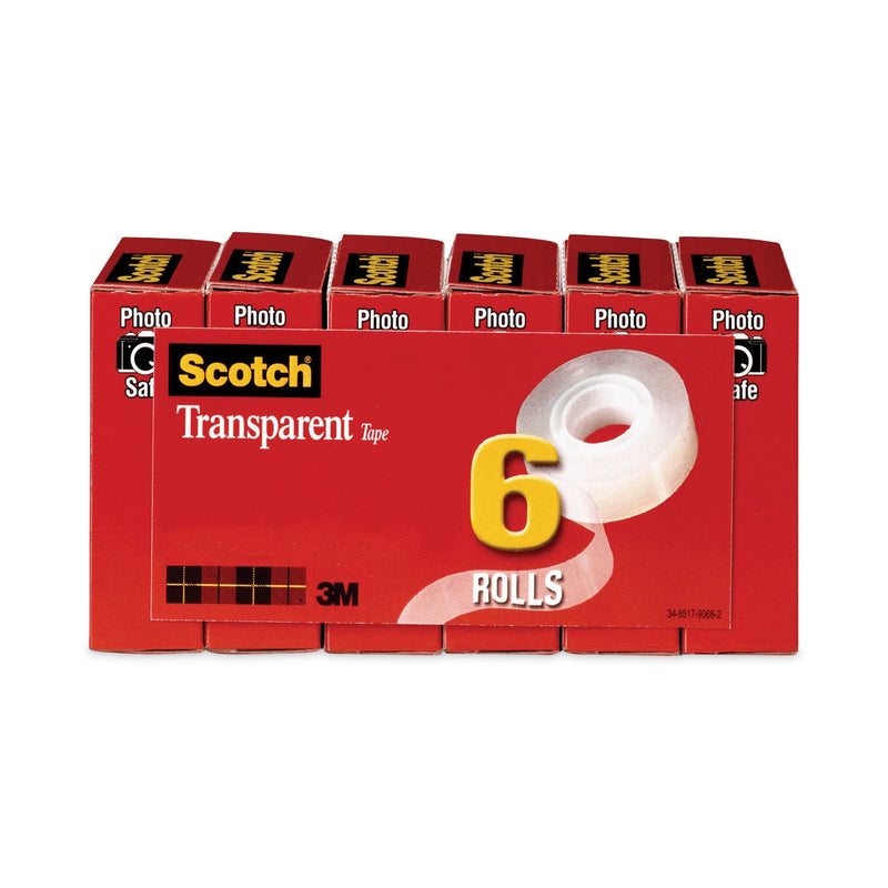 Scotch Transparent Tape, 1" Core, 0.75" x 36 yds, Transparent, 6/Pack