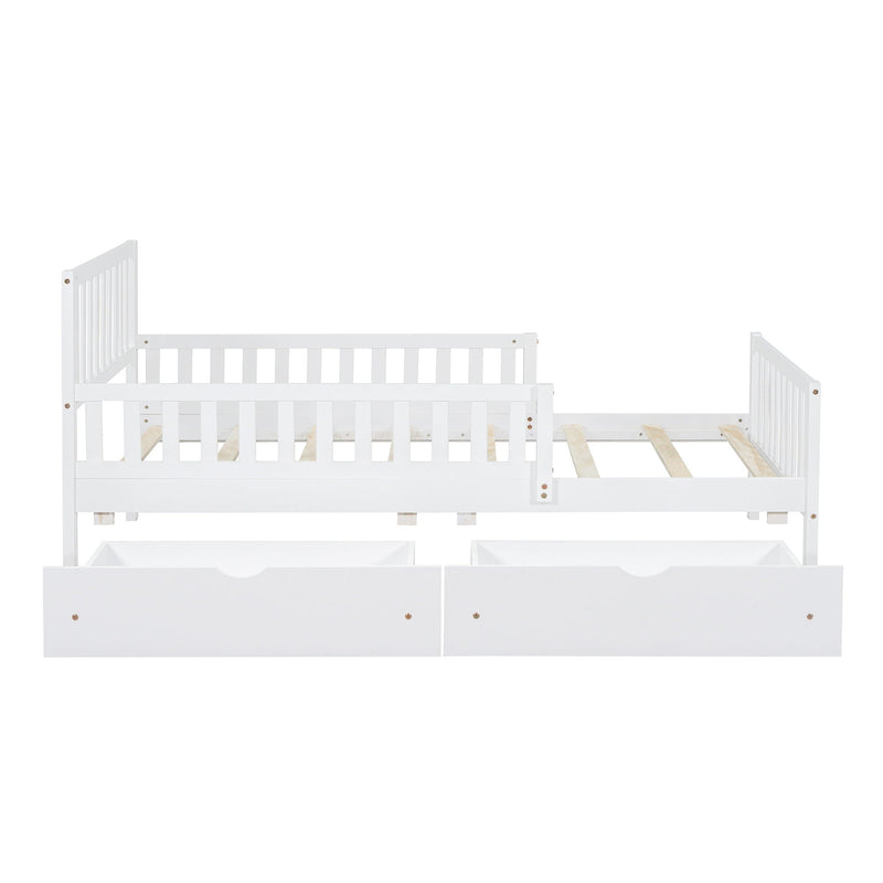 Platform Bed With Guardrails On Both Sides And 2 Storage Drawers