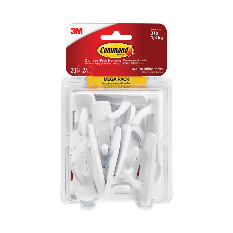 Command General Purpose Hooks, Medium, 3 lb Cap, White, 20 Hooks and 24 Strips/Pack