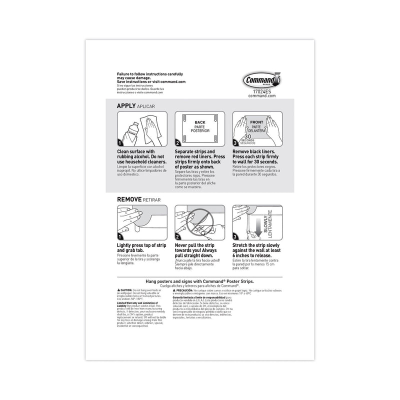 Command Poster Strips, Removable, Holds up to 1 lb per Pair, 0.63 x 1.75, White, 12/Pack