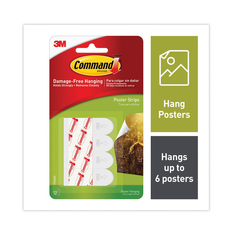 Command Poster Strips, Removable, Holds up to 1 lb per Pair, 0.63 x 1.75, White, 12/Pack