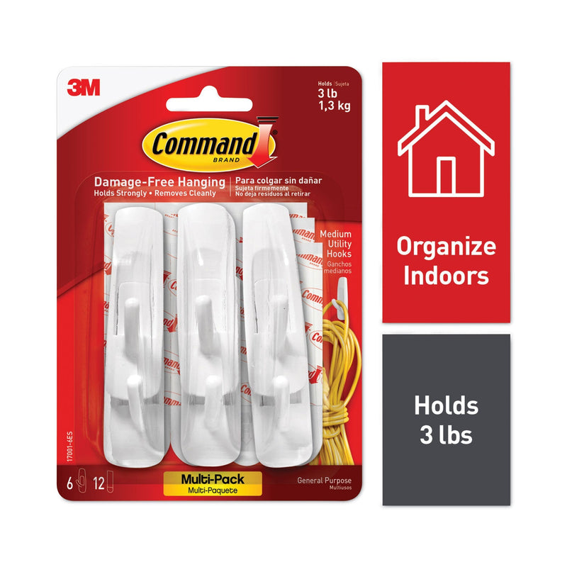 Command General Purpose Hooks Multi-Pack, Medium, 3 lb Cap, White, 6 Hooks and 12 Strips/Pack