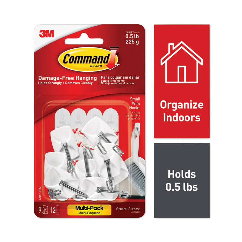 Command General Purpose Wire Hooks Multi-Pack, Small, 0.5 lb Cap, White, 9 Hooks and 12 Strips/Pack