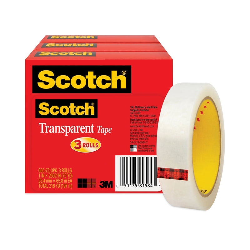 Scotch Transparent Tape, 3" Core, 1" x 72 yds, Transparent, 3/Pack