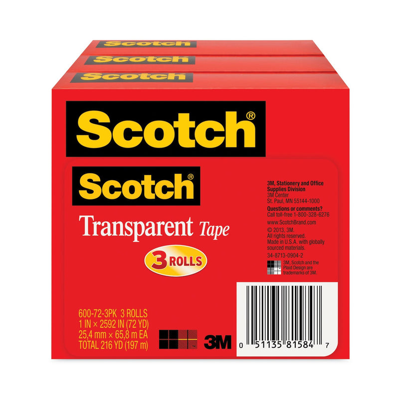 Scotch Transparent Tape, 3" Core, 1" x 72 yds, Transparent, 3/Pack