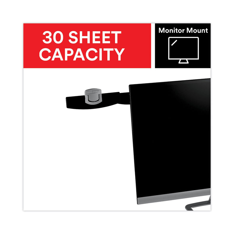 3M Swing Arm Copyholder, Adhesive Monitor Mount, 30 Sheet Capacity, Plastic, Black/Silver Clip
