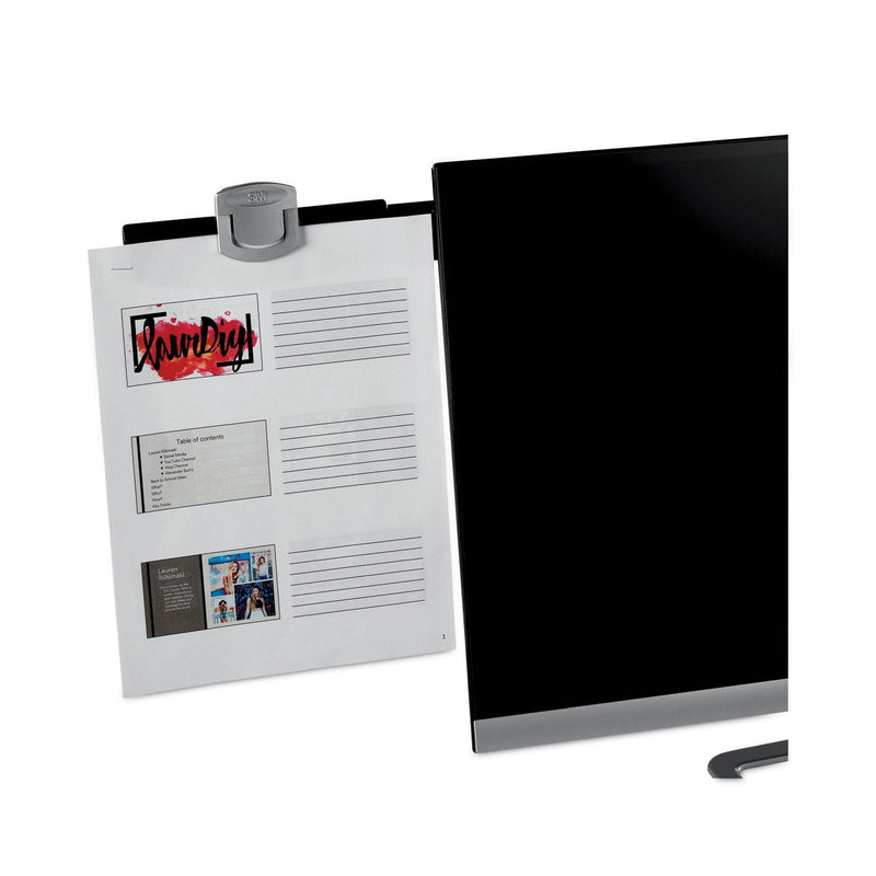 3M Swing Arm Copyholder, Adhesive Monitor Mount, 30 Sheet Capacity, Plastic, Black/Silver Clip