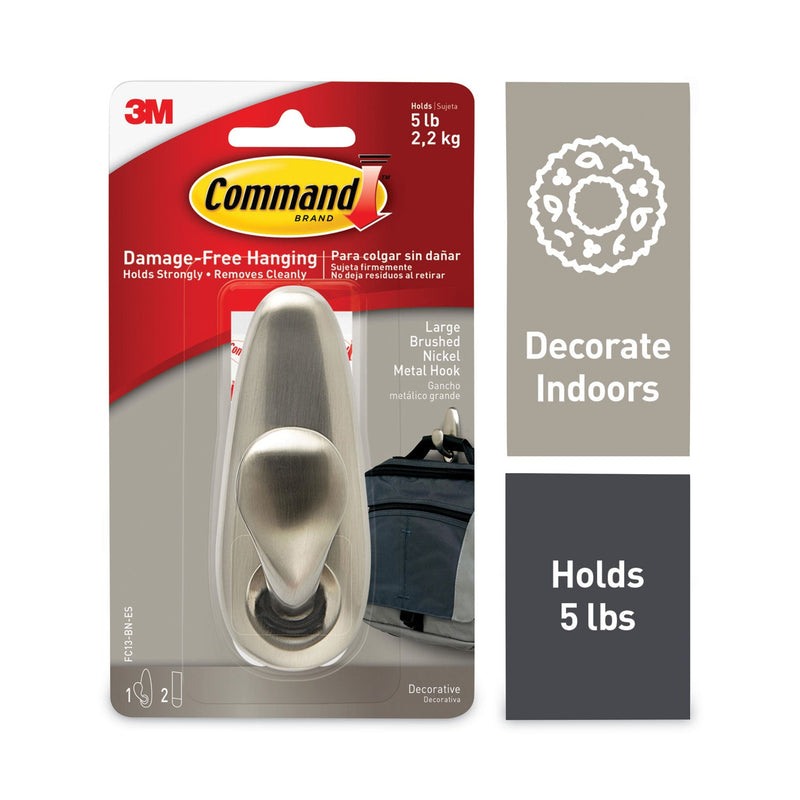 Command Adhesive Mount Metal Hook, Large, Brushed Nickel Finish, 1 Hook and 2 Strips/Pack