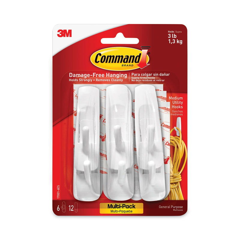 Command General Purpose Hooks Multi-Pack, Medium, 3 lb Cap, White, 6 Hooks and 12 Strips/Pack