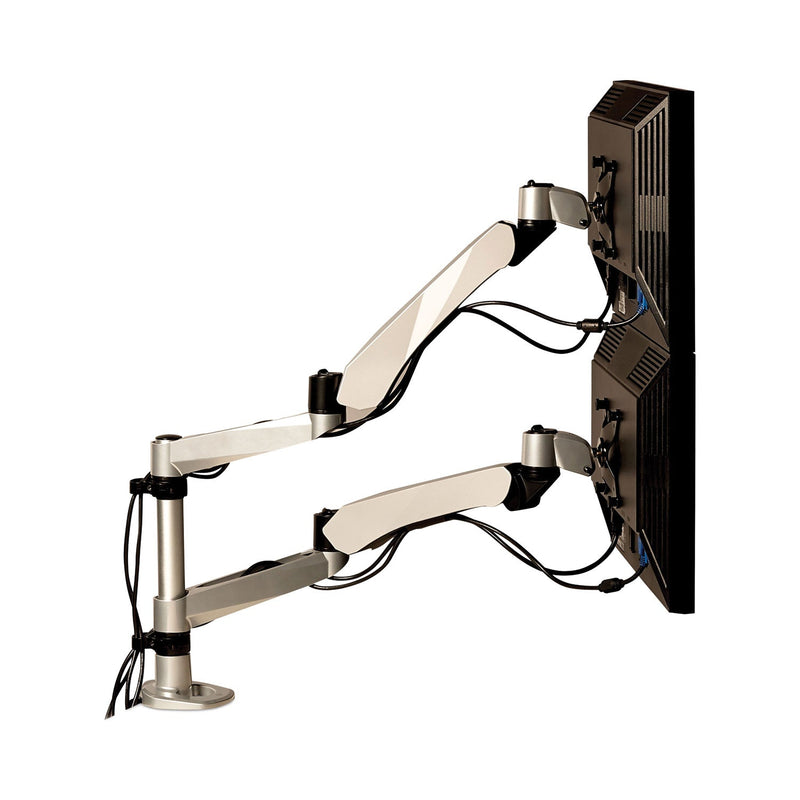 3M Easy-Adjust Desk Dual Arm Mount for 27" Monitors, 360 deg Rotation, +90/-15 deg Tilt, 360 deg Pan, Silver, Supports 20 lb